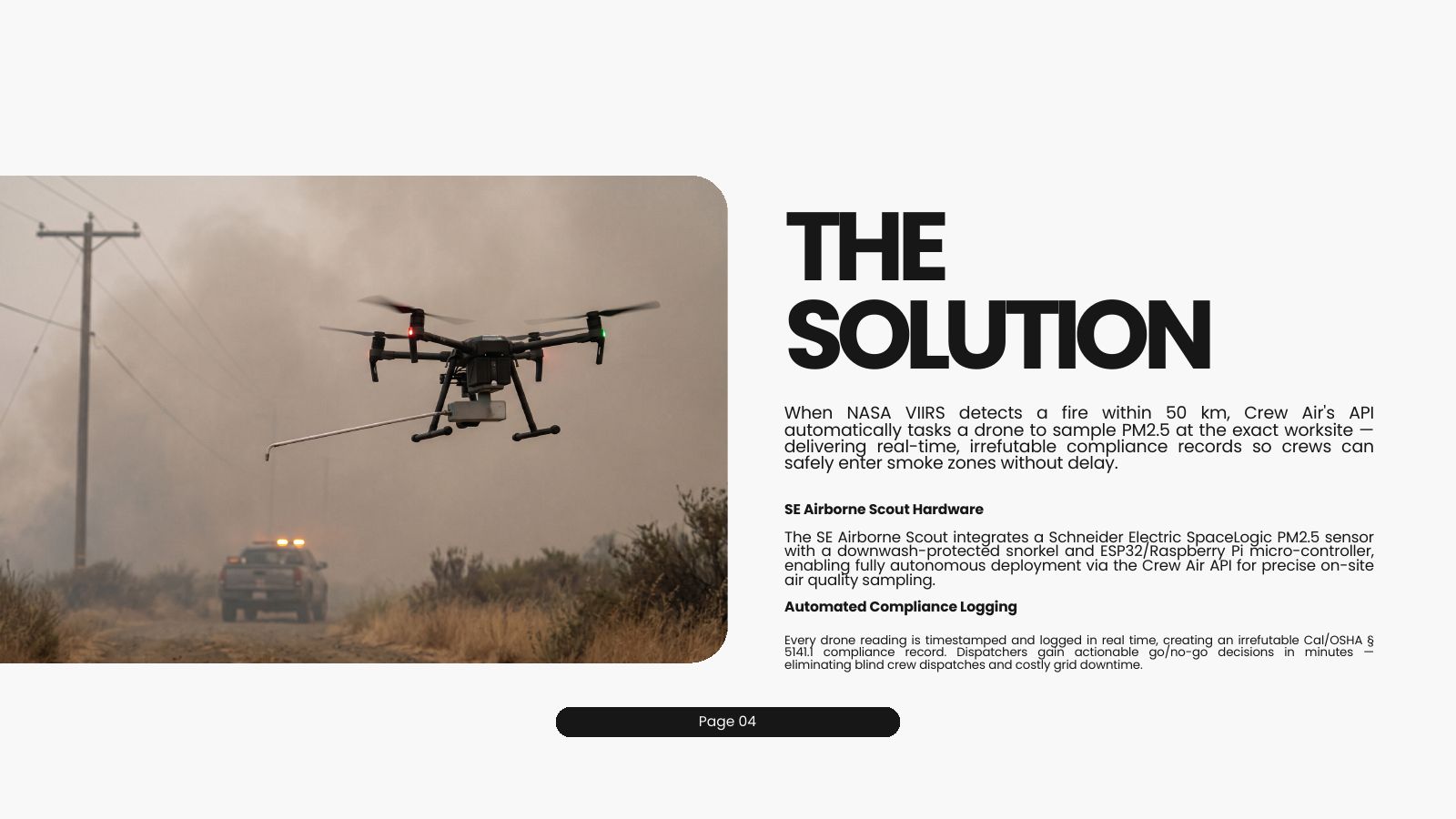 Crew Air pitch deck, slide 4: a drone carrying a PM2.5 sensor over a smoky road beside a power line, the hardware concept that took over the Q&A